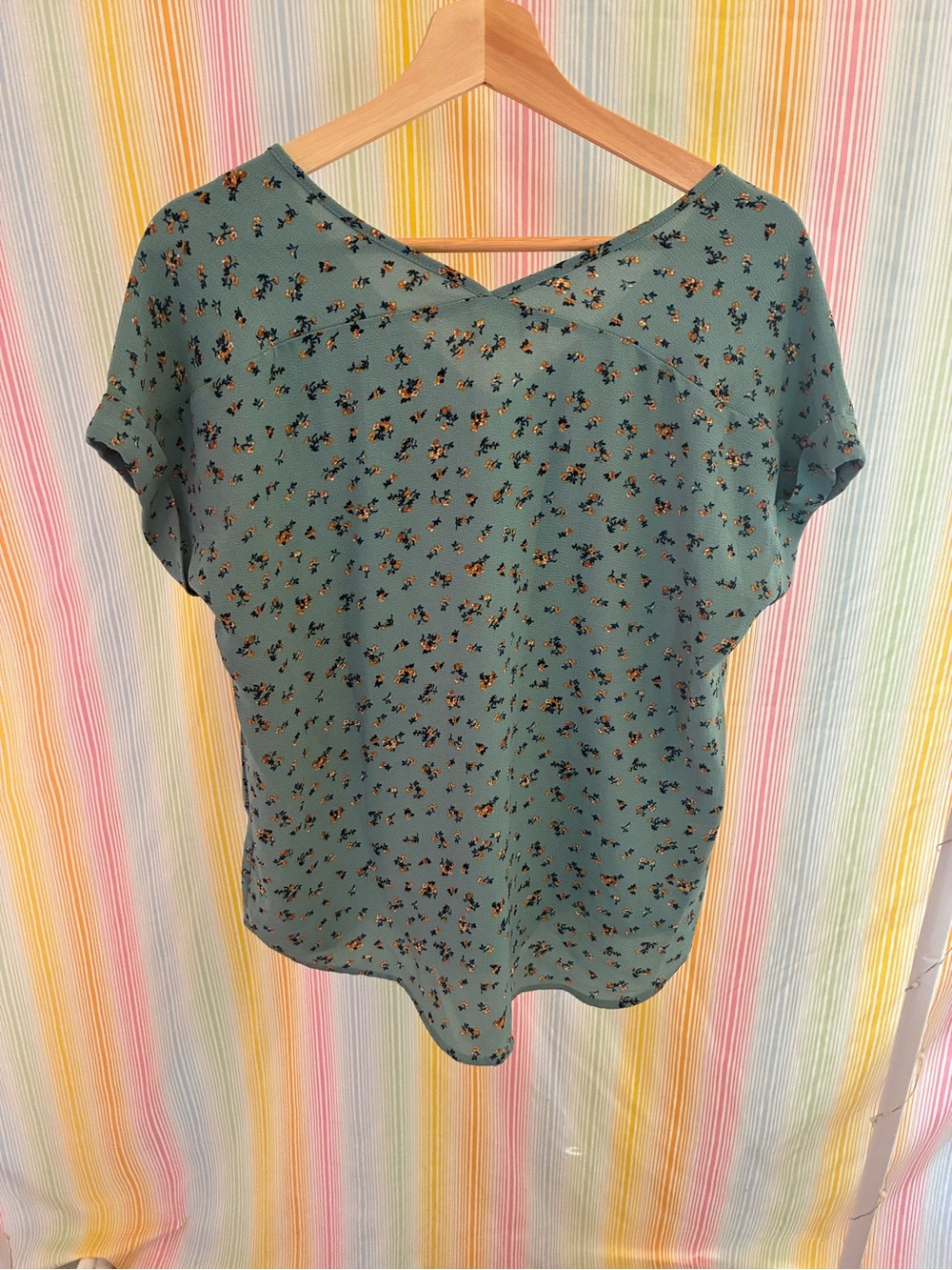 Pink Rose Teal Floral V-Neck Short Sleeve Top - Picture 3 of 4
